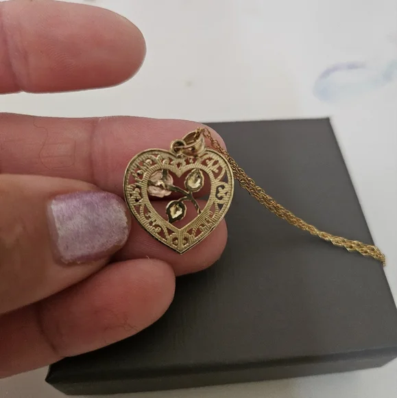 10k YG Rose Heart Pendant & 18 Chain Yellow Gold 10K 10kt 10KT Necklace Charm